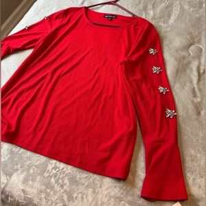 INC Red Long-Sleeve Jewel-Accent Top